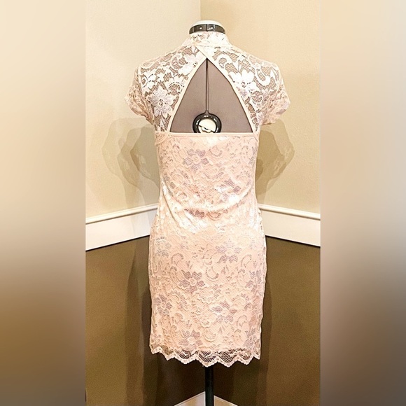 Pink Floral Lace Overlay Dress Size Medium 7/9 Mock Neck Open Back Silver - Picture 5 of 7